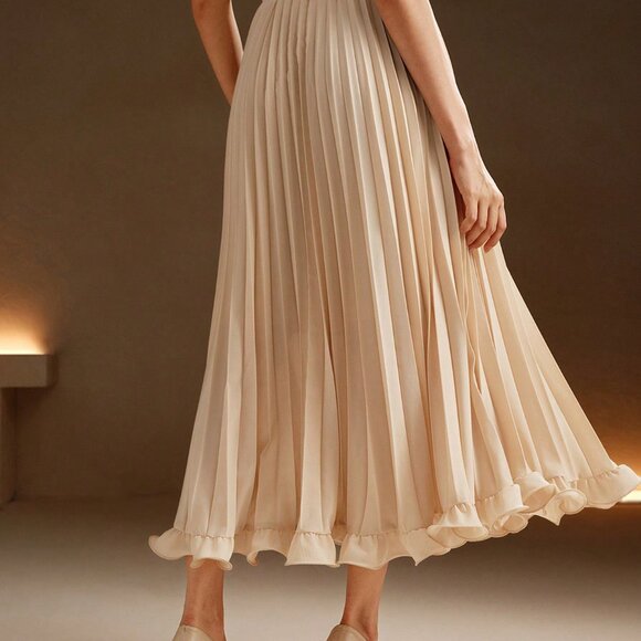 Apricot Elegant Women's Color Pleated Woven Ruffle Hem Skirt - Picture 3 of 7